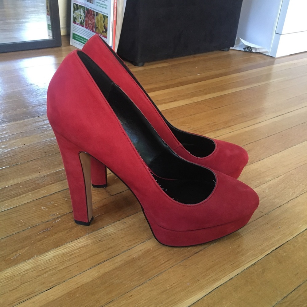 red faux suede Aldo platform heels